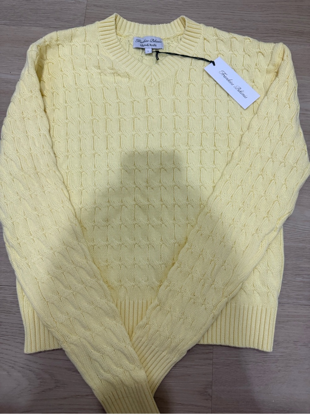 Frankie's Bikinis Pale Yellow Cable-Knit V-Neck Sweater